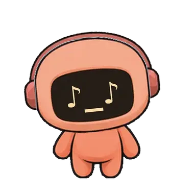 Buddy Bot wearing headphones, music notes on his screen