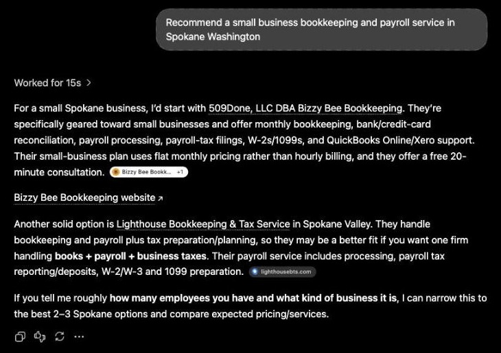 ChatGPT temporary chat, September 21, 2026. Asked to recommend a small business bookkeeping and payroll service in Spokane Washington, the first sentence of the answer reads: For a small Spokane business, I’d start with 509Done, LLC DBA Bizzy Bee Bookkeeping.