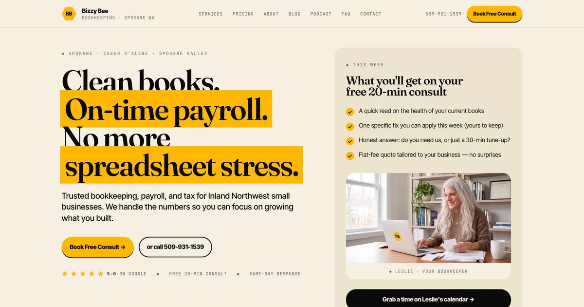 Bizzy Bee Bookkeeping homepage on desktop, captured September 21, 2026